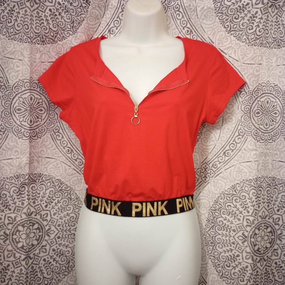 NWT T C Fashion Red Crop Top With Zipper "PINK" Elastic Waistband Size L/XL
